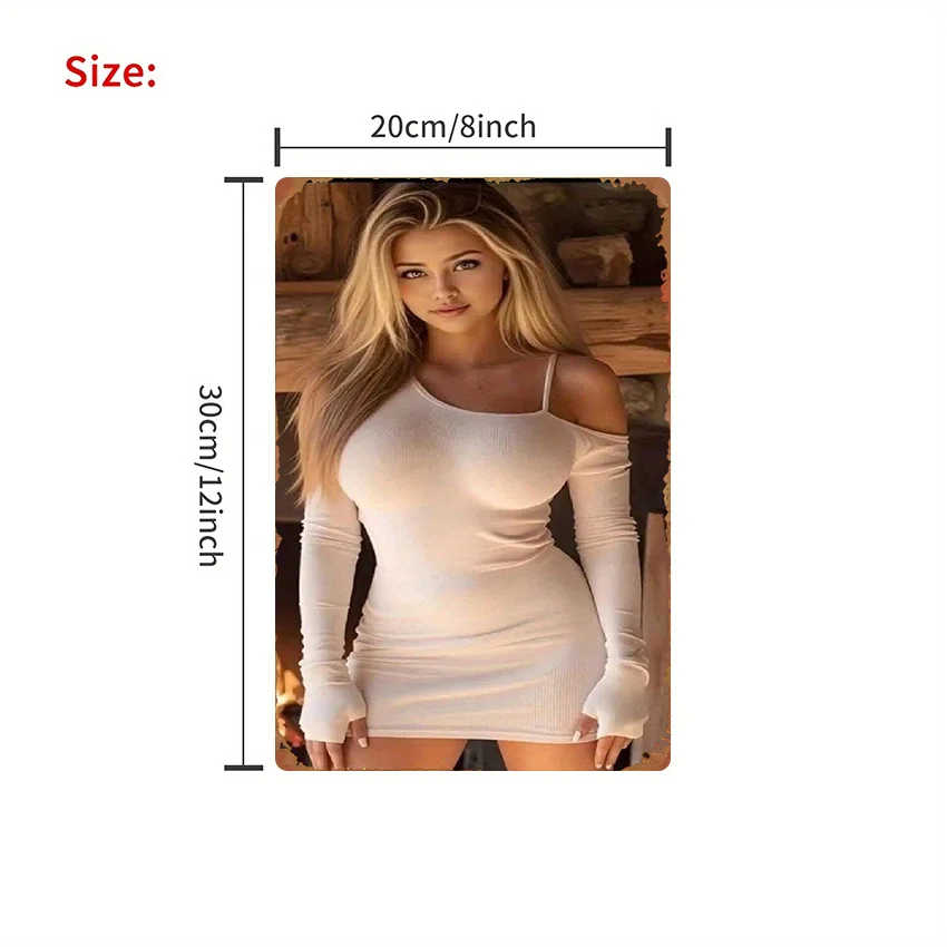 Vintage Blonde Girl in White Bodycon Dress Metal Tin Sign, 2D Flat Retro Aluminum Wall Art Decor