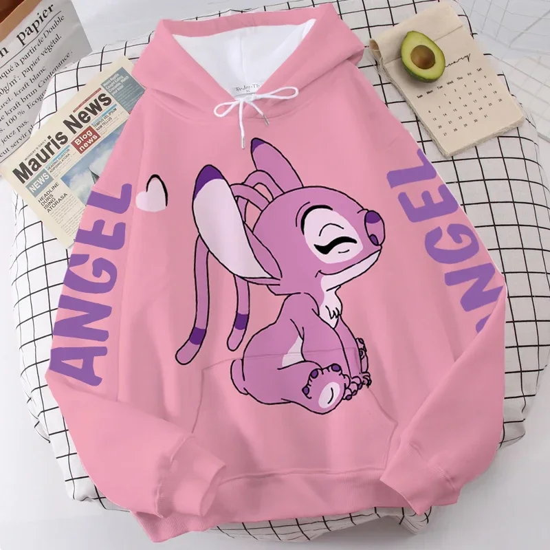 Disney Hoodie Fashion Stitch Angel Monster Letter Cartoon Sweatshirt Pullover Cute Harajuku Unisex Women\'s Pocket Top