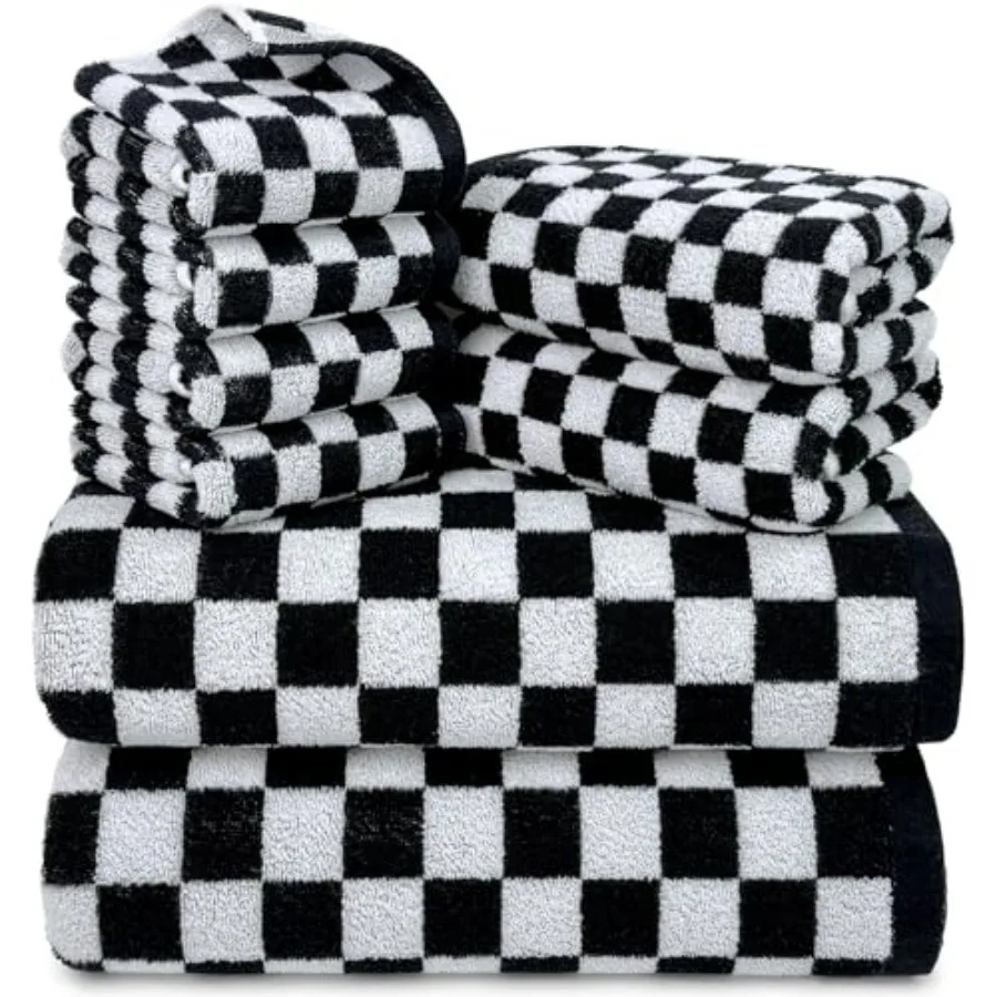 Bathroom decor: cotton black and white checkered towels set of 82 bath, 2 hand, 4 washcloths, soft absorbent material
