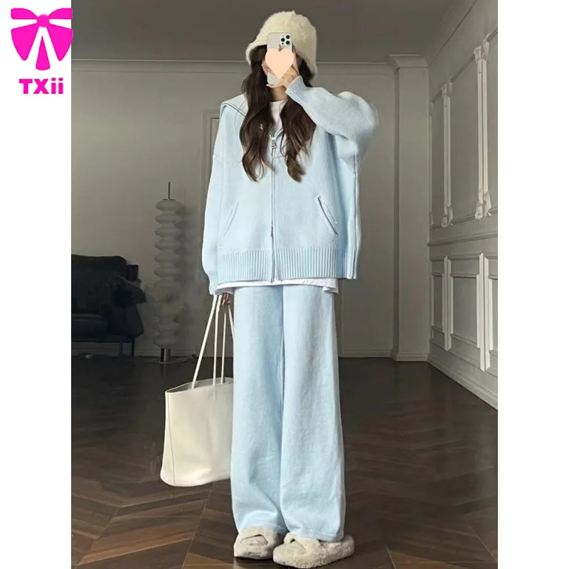 2024 Autumn/Winter Casual Knitted Sweater Wide Leg Pants Two Piece Set Autumn/Winter Fashion Women's Set New Style