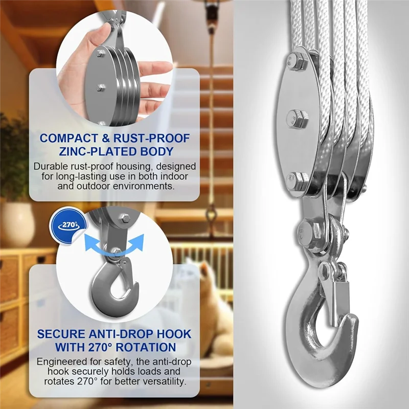 ABRE-Block And Tackle Pulley System, 4-Wheel Rope Pulley Hoist, 2200LB Work Load With 65Ft Of 1/4 Inch Rope, Compact Rope