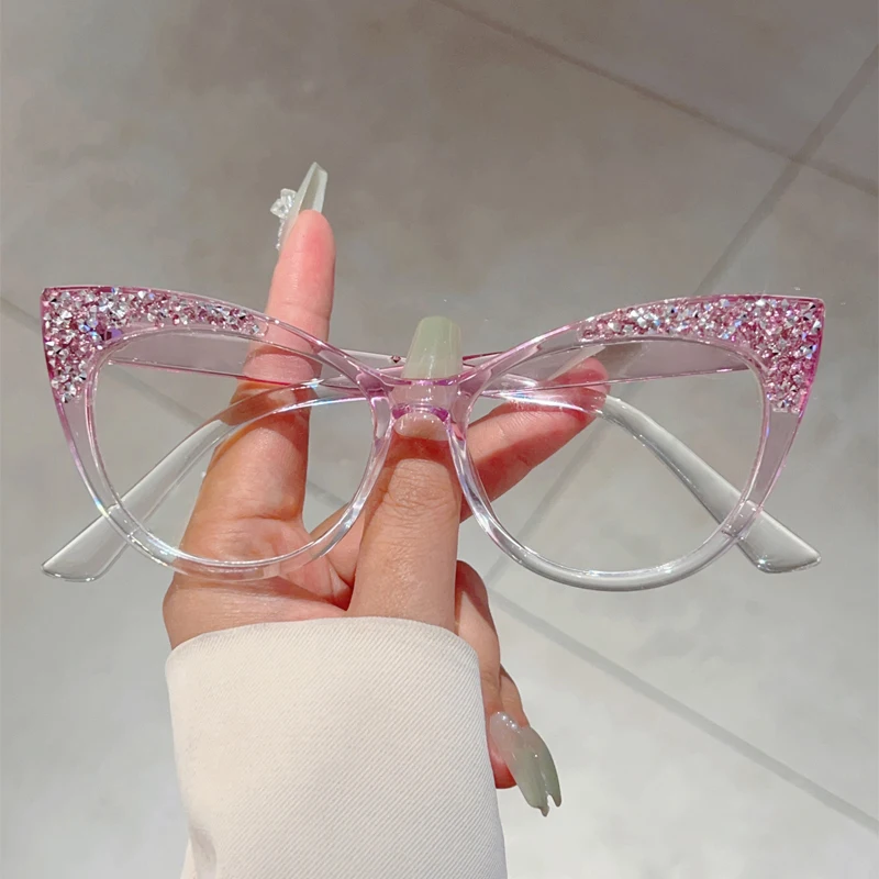 KAMMPT Fashion Cat Eye Multi Color Frame Women\'s Trendy Crystal Shiny Glasses Non-prescription Original Brand Design Eyewear
