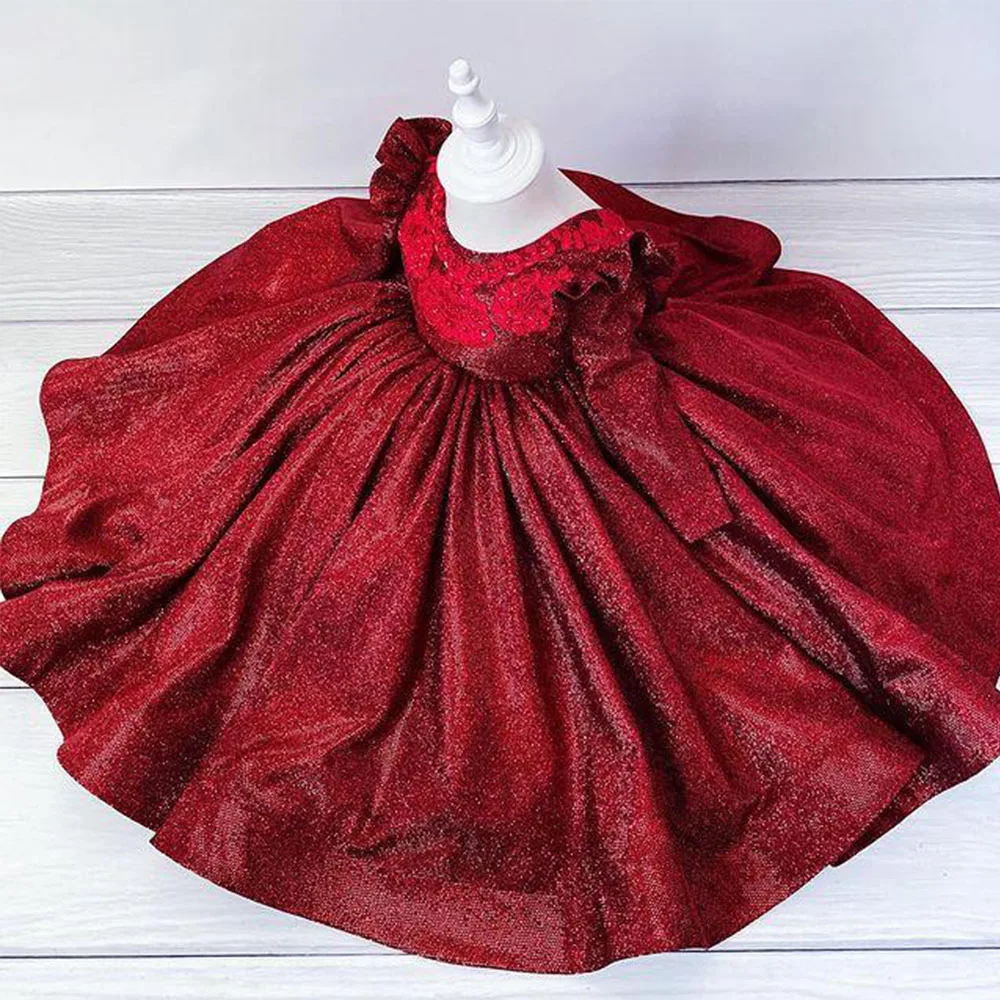 Shining Red Flower Girl Dresses for Wedding Appliques Satin Floor Length Girl Kids Birthday Party First Holy Communion Gown