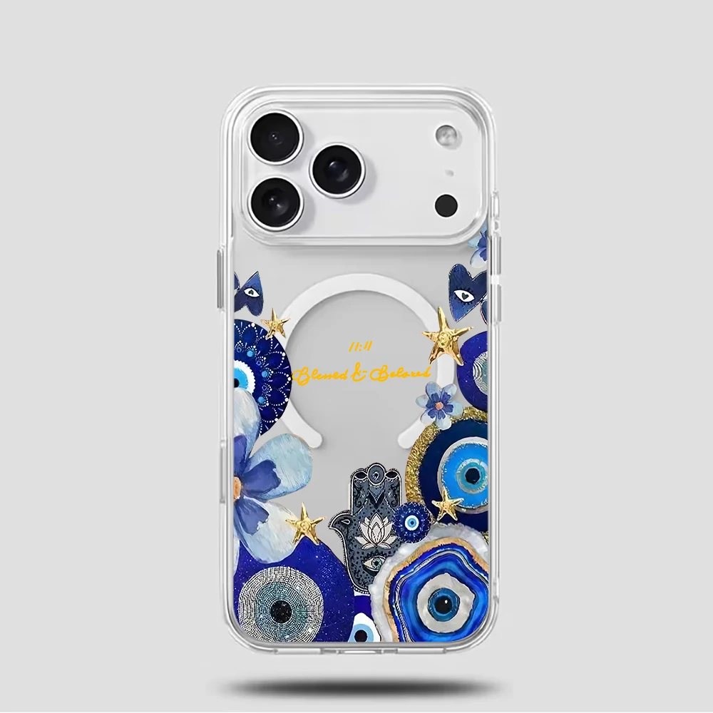 Blue Evil Eye & Floral Phone Case For iphone 17 14 15 16 11 12 13 Pro Max 17 Air 15 14 16 Plus 15 17 16 Pro Magnetic TPU Cover - view 4