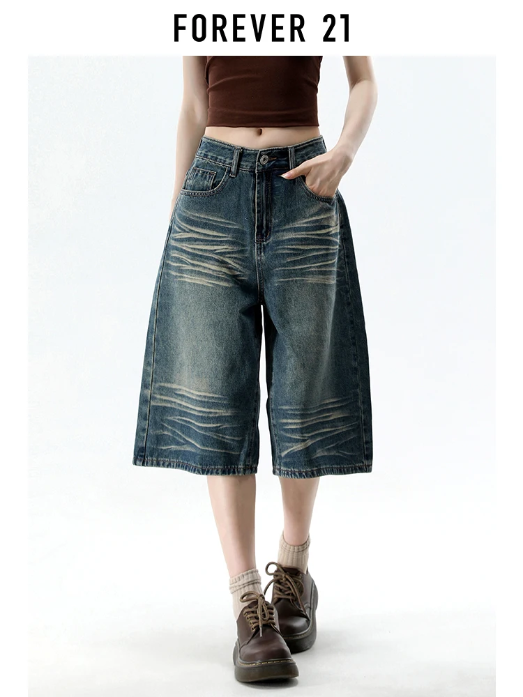 Calça Jeans Feminina Azul de Cintura Alta e Perna Larga Estilo Americano com Efeito Desgastado, Comprimento Sete Oitavos, Nova Moda de Verão, Efeito Emagrecedor, Forever 21