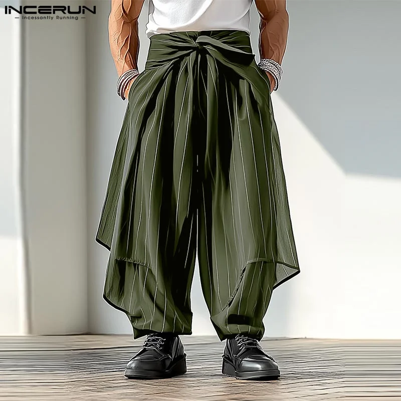 

INCERUN Men Striped Pants Joggers Oversize Elastic Waist Lace Up Casual Wide Leg Trousers Men Streetwear 2025 Irregular Pants