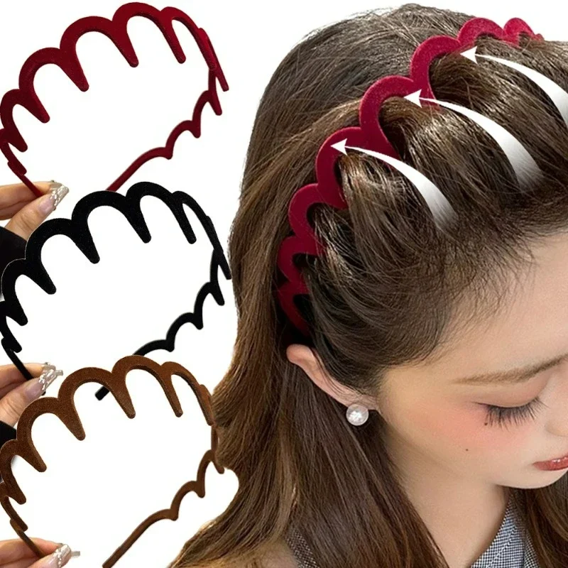 1/3Pcs Wavy Toothed Headband Women Updated Flocked Anti-Slip Amber Zig Zag Comb Sharks Tooth Make Up Hair Hoop Girls Headwear