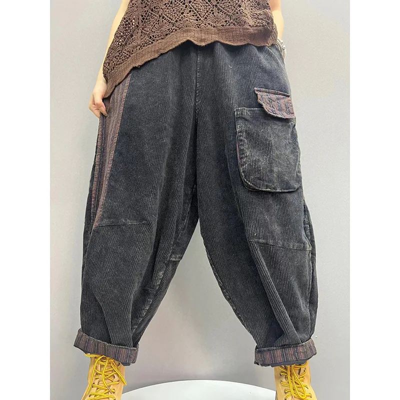 HotCorduroy Pants Women Casual Street Loose Pantalons Autumn Japanese Korean Style Patchwork Design Harem Punk Wide Leg Trousers