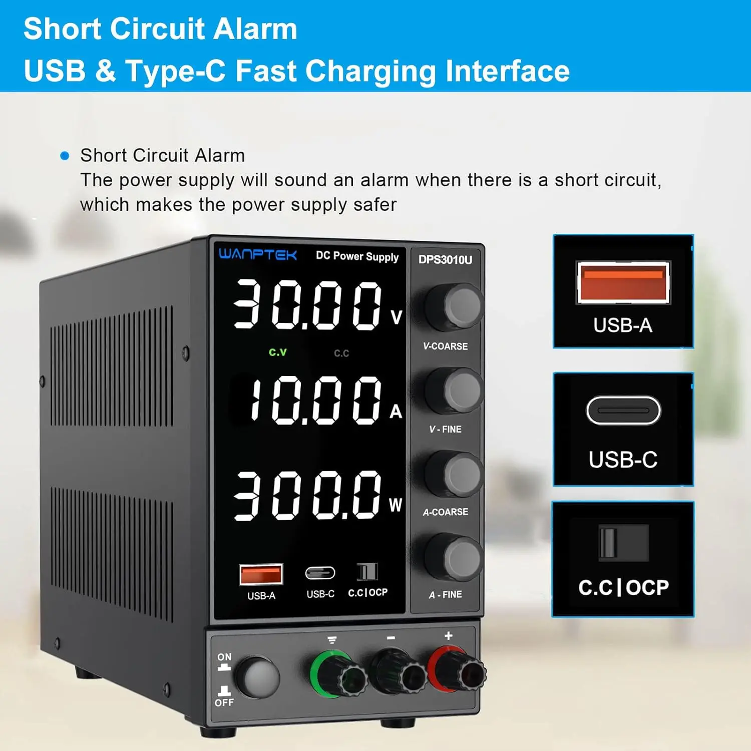 Adjustable Switching DC Power Supply (30V 10A) with Encoder Coarse and Fine Adjustment Knobs, with USB and Type-C Fast Charging