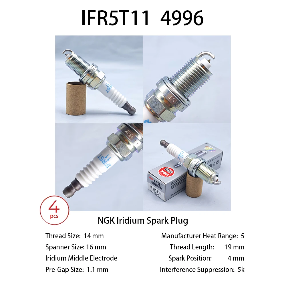 

4 шт. оригинальная свеча зажигания NGK Iridium IFR5T11 4996, подходит для некоторых моделей Chevrolet Stratus Pontiac Vibe и т. д.