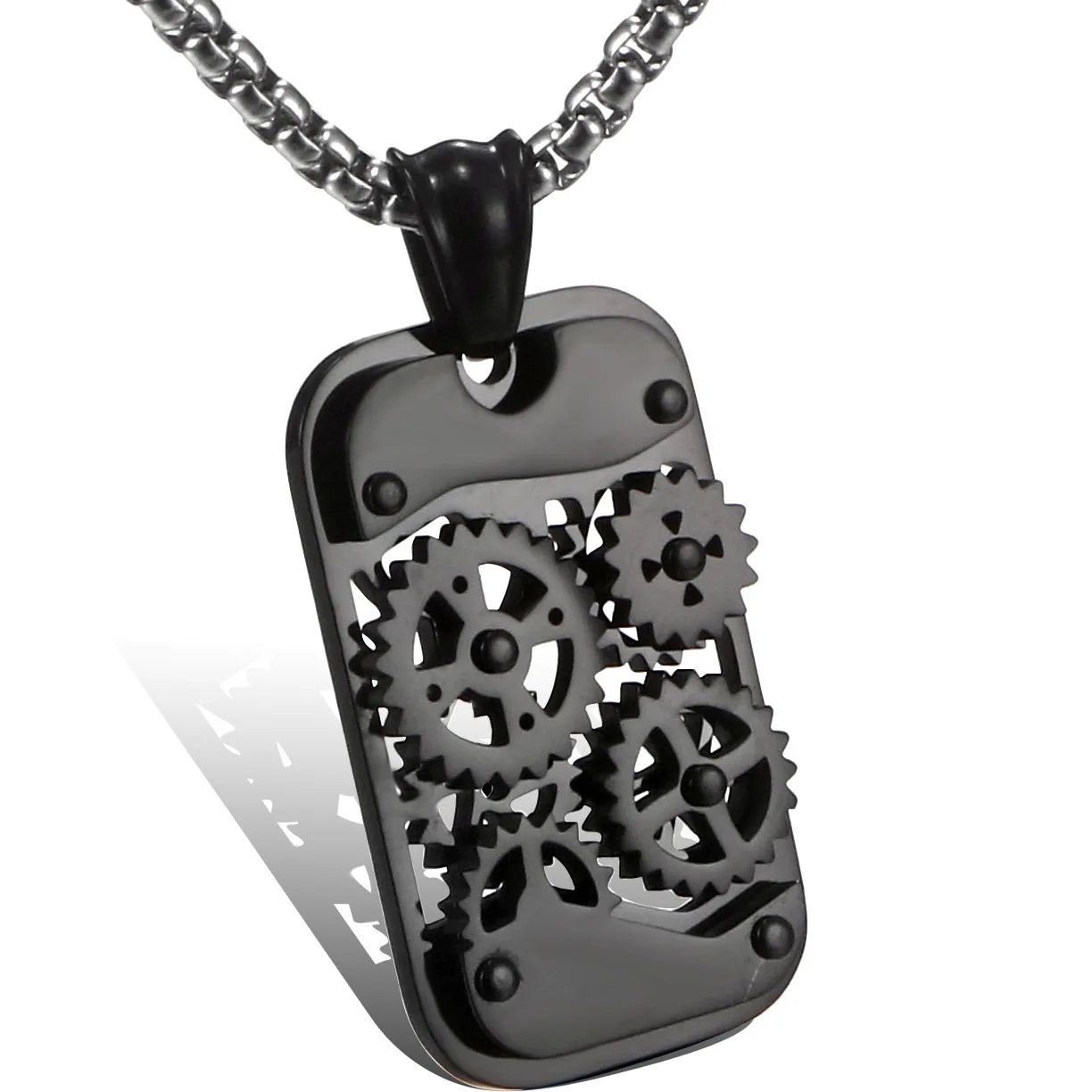 Punk Rock Stainless Steel Mechanical Gear Geometric Square Pendants Necklace For Men Hip Hop Rapper Jewelry