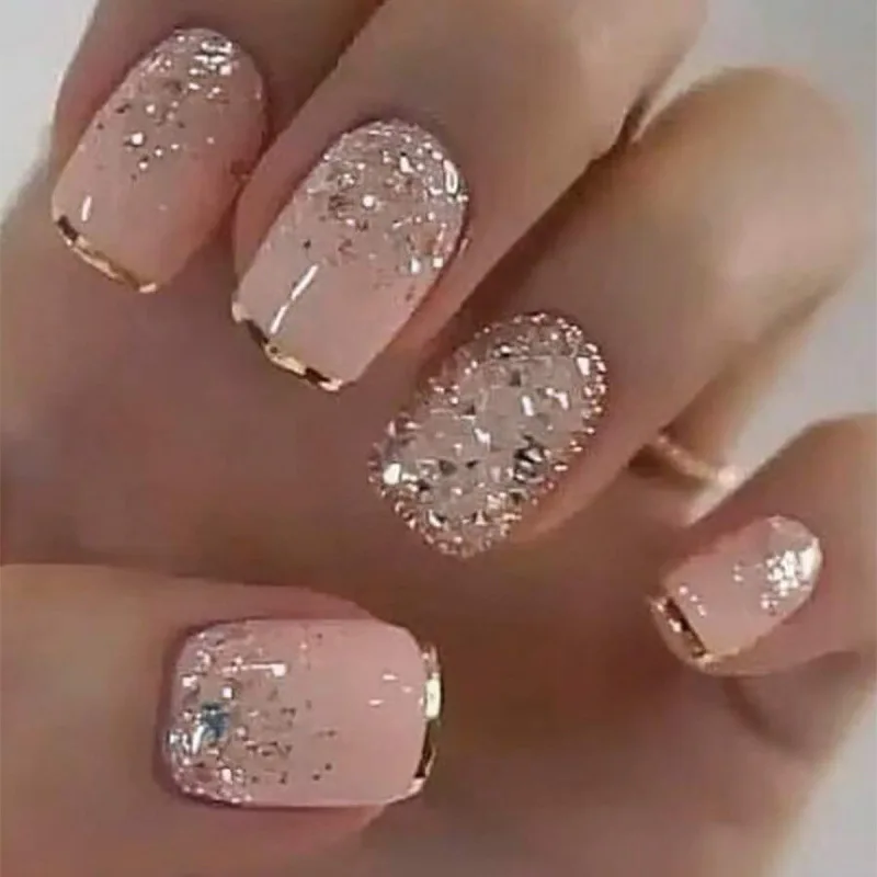 Medium and Long Square Nail Art French Phnom Penh Wearing Nail with Glitter Cross-border Removable Fake Nail Patch