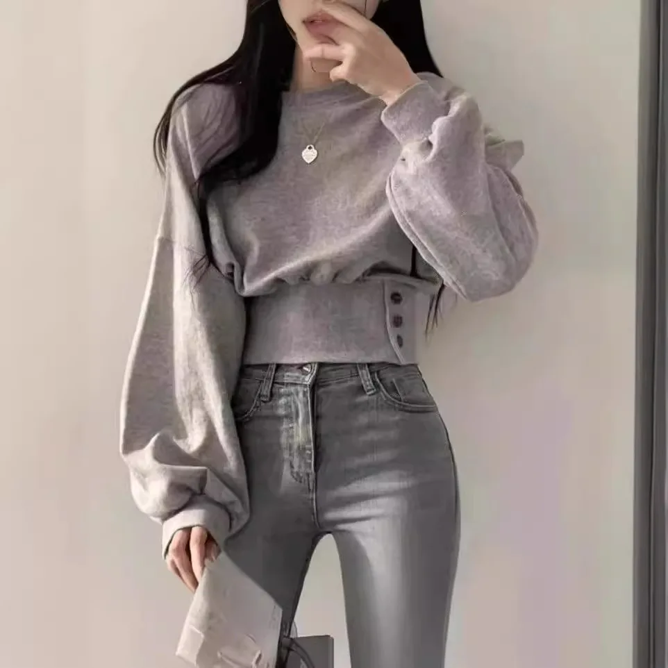 

Women's clothing 2025 Spring and Autumn new Korean fashion long sleeved short top sweatshirt retro casual button down sweatshirt