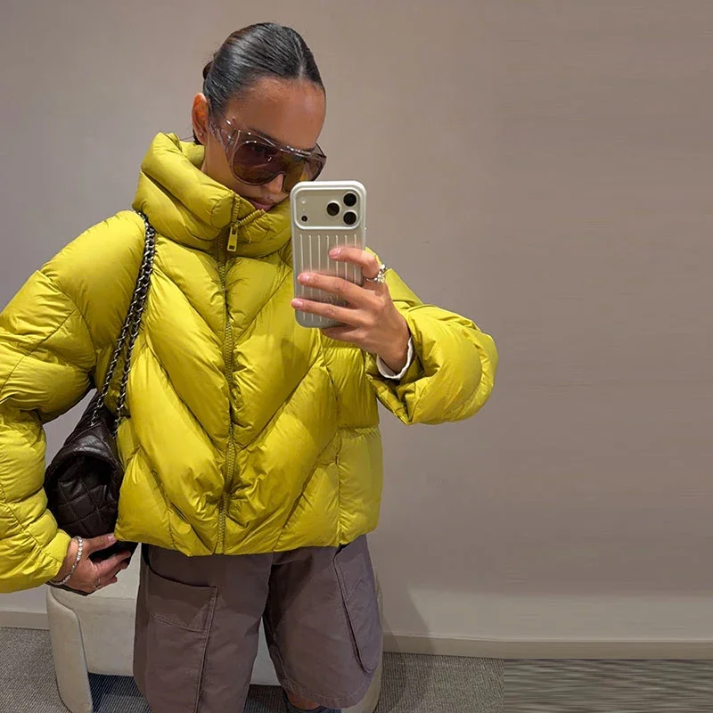 Kurzer Puffer-Wintermantel für Damen, Hochkragen, Gefütterte Jacke, Übergroße Puffige Reißverschlussjacke, Dick, Warm, Lässige Streetwear für Damen – Detail 6