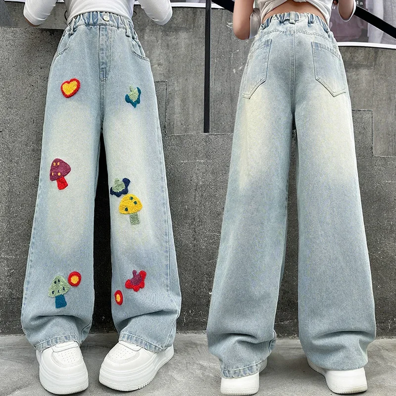 Teen Girls Jeans Spring and Autumn 2025 Children's Cartoon Mill Mushroom Embroidery Children Straight Leg Loose Wide-leg Pants