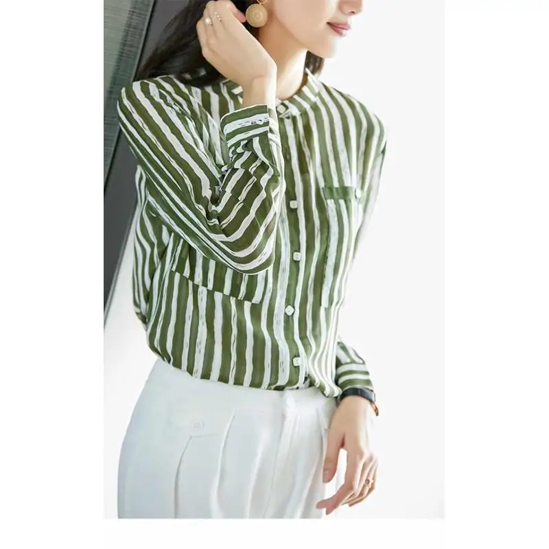 

Women's Vertical Striped Chiffon irt Long Sve Spring Commute Sle Korean Version Straight Cut Knot Cotton Blend