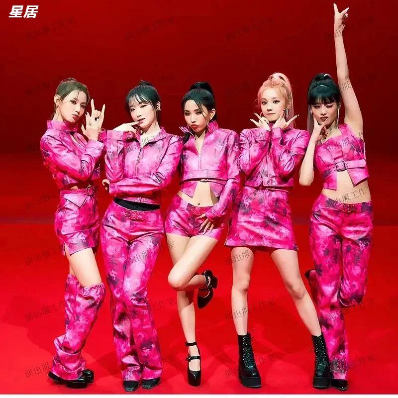 

Kpop Korean Women Group Nightclub Stage Performance Costumes Leather Jacket Crop Tops Loose Pants Short Skirt Jazz Dance Outfits