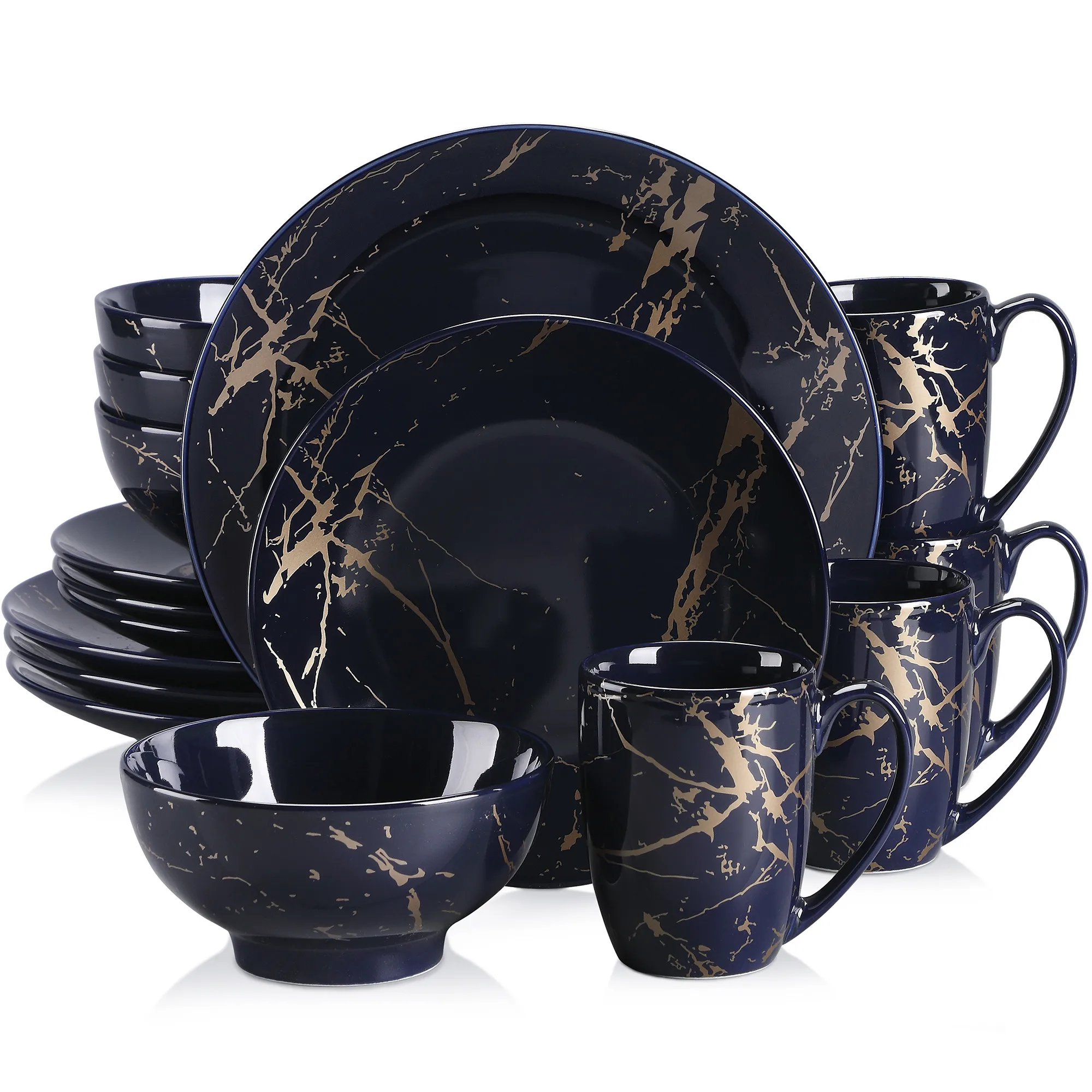 LOVECASA Dark Blue 16/32/48 Piece Procelain Tableware Set Design By Gold Splash with Dinner Plate,Cake plate,Bowls,Coffee Cups