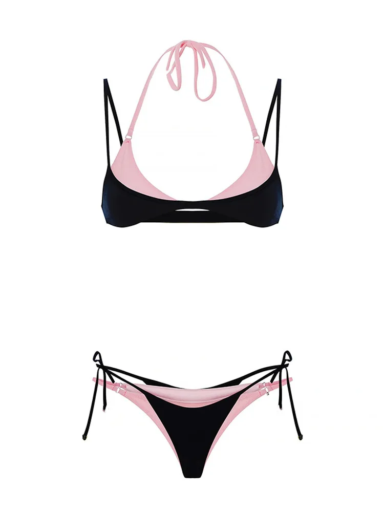

Y2K Sexy Double Straps Bikini Women Black Pink Contrast Halter Triangle Tie Side Summer Beach Swimsuit