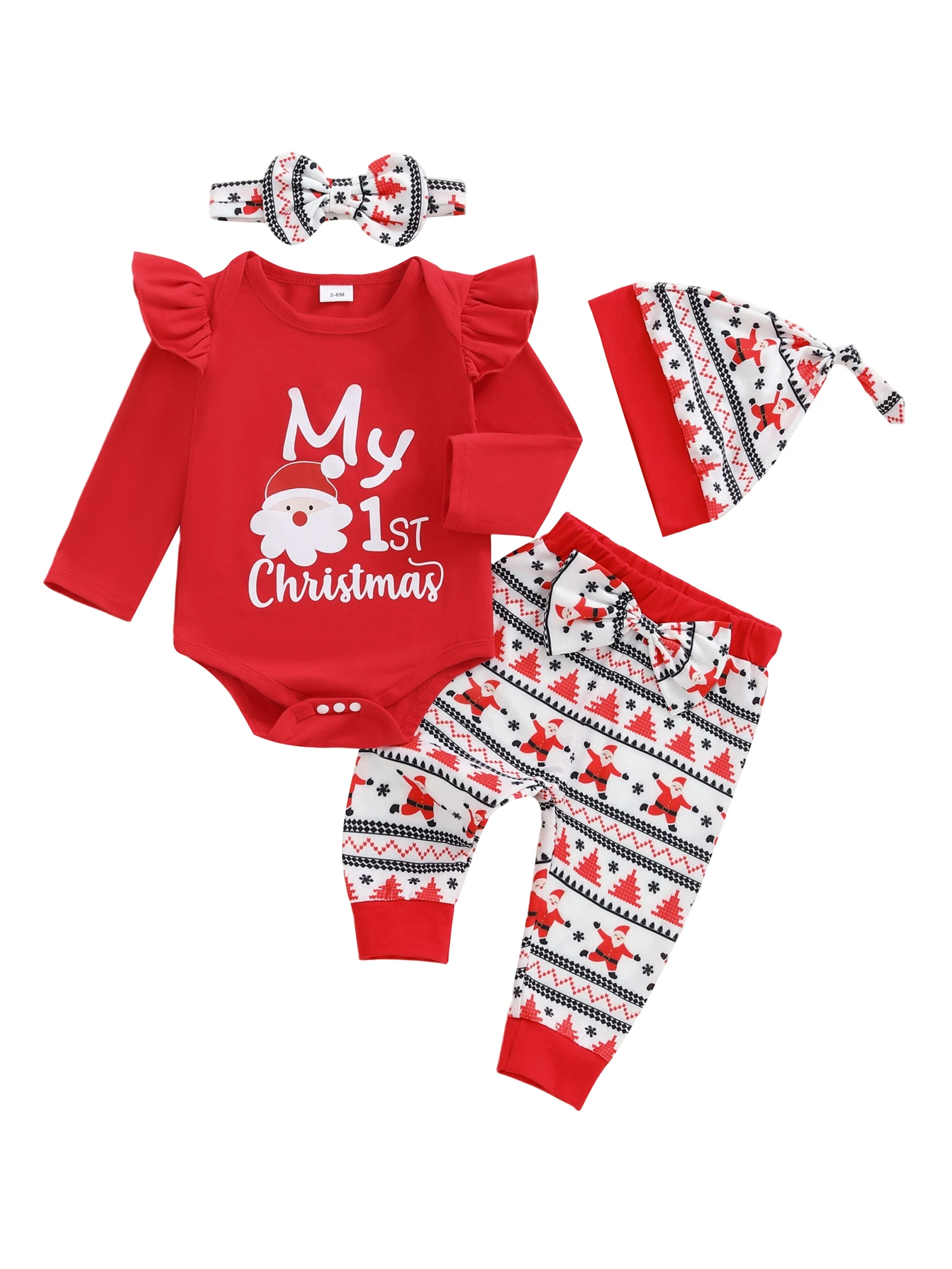 

Рождественский комплект детской одежды с комбинезоном с буквенным принтом, штанами с рисунком Санта-Клауса, шапкой и повязкой на голову — праздничная одежда из 4 предметов