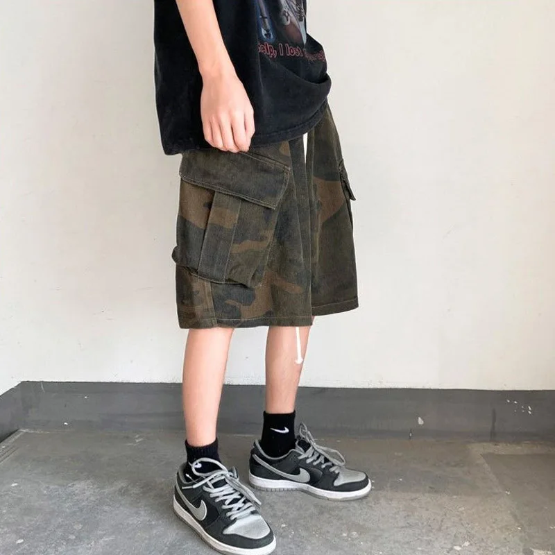 Fashion Camouflage Multiple Pockets Men's Cargo Shorts Classic Waist Drawcord Street Casual Loose Pure Cotton Handsome Short