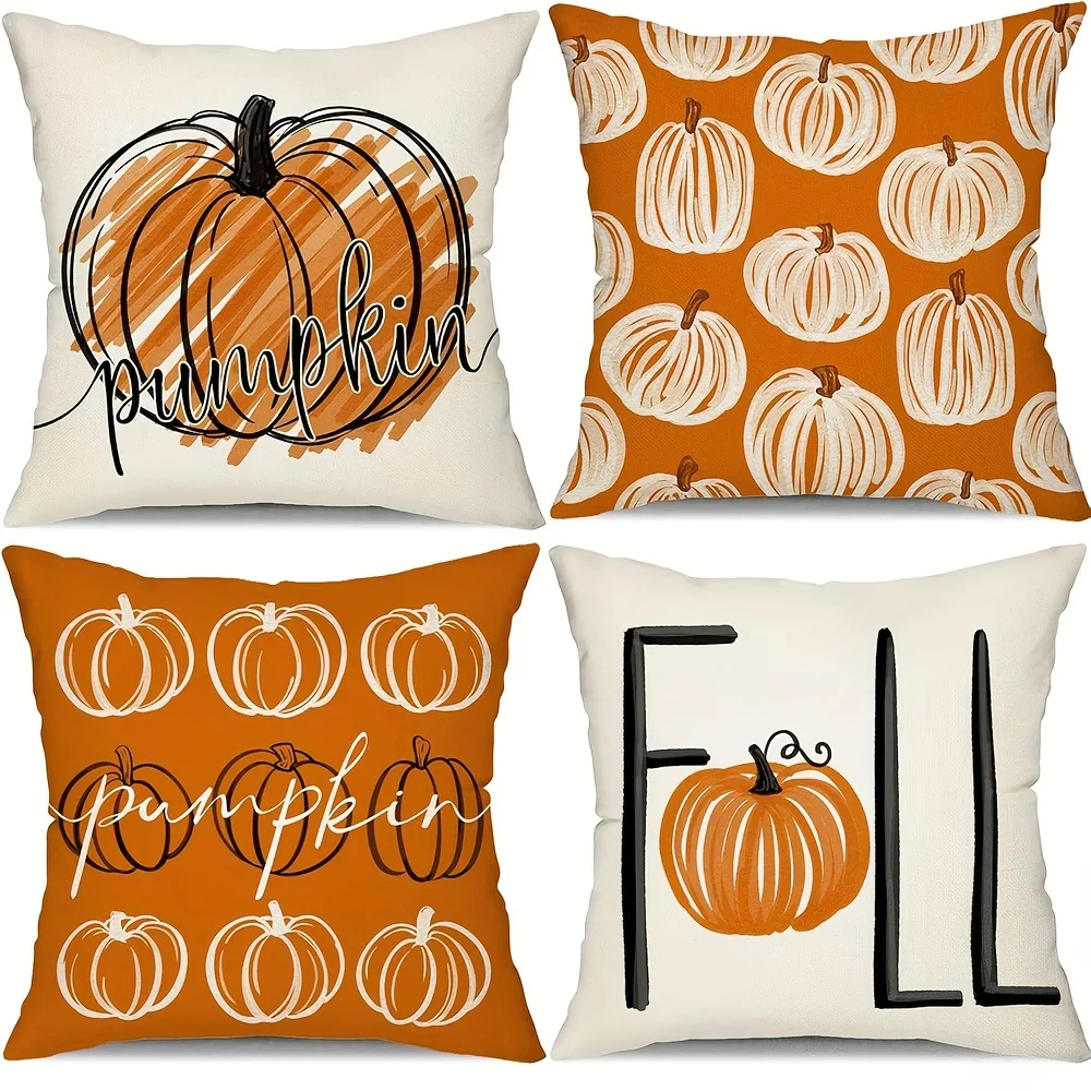 4pcs Set of 18x18 Inch Vintage Autumn Harvest Pumpkin Pillowcases with Zipper Closure, Machine Washable, Thanksgiving