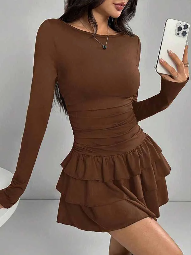 Mcdv elegante em camadas babados mini vestido feminino outono manga longa cintura alta o pescoço vestidos finos nova 2025 moda casual vestidos