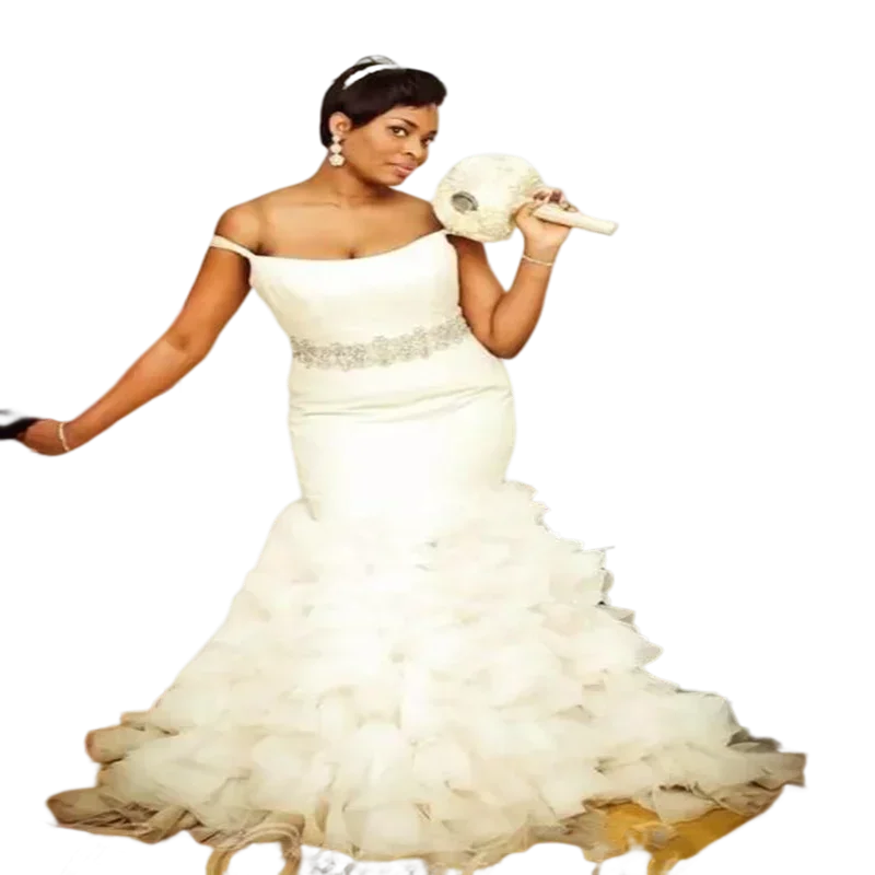 

Customized Off The Shoulder Mermaid Wedding Dresses With Beads Belt Ruffles Tiered Skirt Plus Size African Bridal Gown