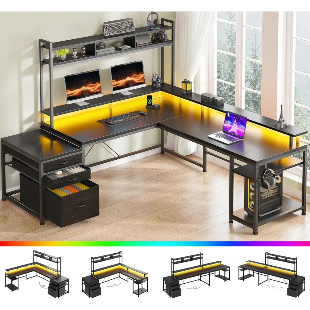 مكتب على شكل حرف L لشخصين مع قفص، 64 × 60، تصميم زاوية قابل للعكس لتخزين الشاشة والأدراج #3