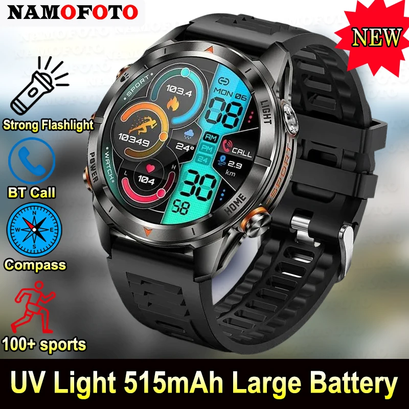

Men Smart Watch Strong Flashlight SOS Outdoor Sport Bluetooth Call Wrist Watches 1.46'' Screen 515mAh Large Battery Smartwatch