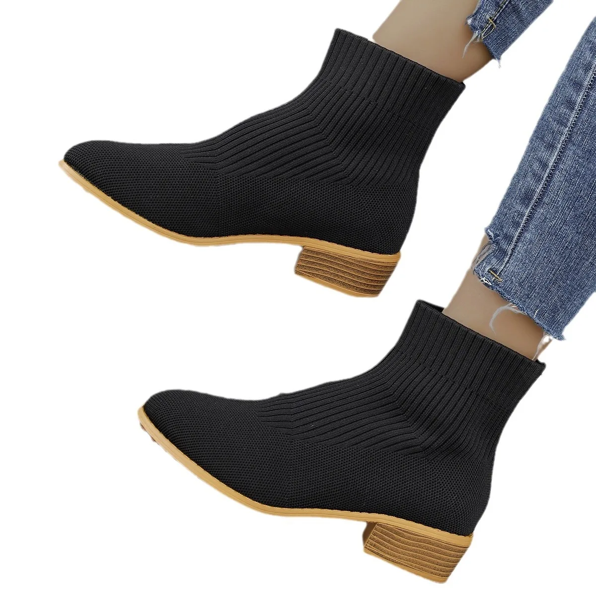 Ankle Sock Boots for Women Fashion Medium Heel Pointed Toe Knitted Short Chelsea Boots Female Casual Heeled Shoes Footwear Pumps