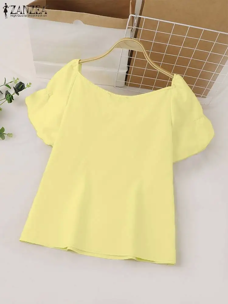 ZANZEA Fashion Ruffled V-neck Tops Korean Version Blouses Holiday Summer Solid Chemise 2024 Vintage Short Puff Sleeve Blusas