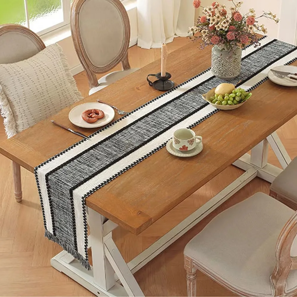 Splicing Color Farmhouse Table Runner Rectangular with Gradient Tassel Table Cover Stain-resistant Non-slip Cabinet Cover Towel