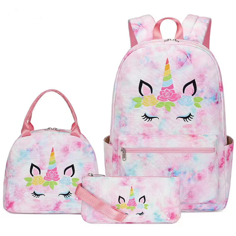 Children Fashion Unicorn Three Pieces Water Proof Suit For Teenagers Pencil Bag Lunch Bag School Bag Student Girls Backpack Set