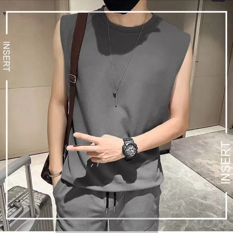 Spring Summer New Fashion Sleeveless Popularity Men's Clothing Korean Style Casual All Match Loose Rope Hombre Solid Sport Sets