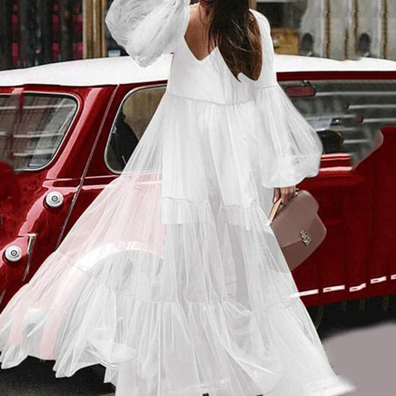 Robe longue à doublure transparente pour femme, couleur unie, rétro, ample, pull en maille, élégante, manches lanternes, col en v, robe de soirée, printemps 2025