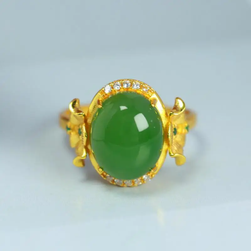 Genuine Green Hetian Jade 925 Silver Zircon Golden Flower Rings Adjustable Women Natural Nephrite Jade Stone Certified Jewelry