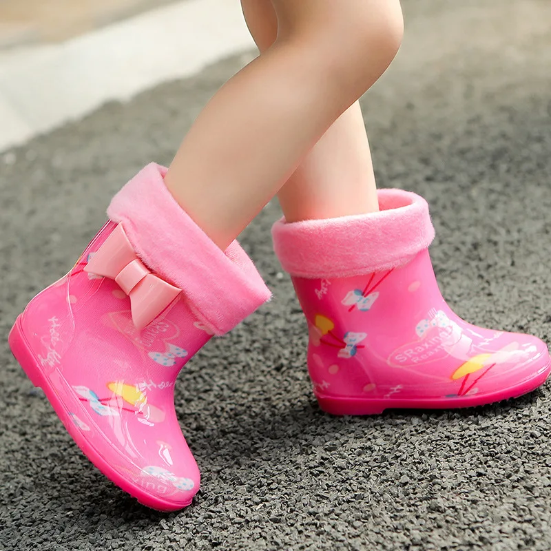 New Children Boys Girls PVC Rain Boots Waterproof Bowtie Rainboots Kids Water Shoes Wellies Non-slip Rain Shoes