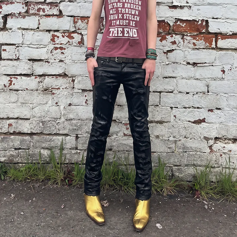 Mens Black Waxed Coated Jeans Heavily Ripped Straight Leg Denim Pants with Glossy Finish for Distressed Streetwear Looks