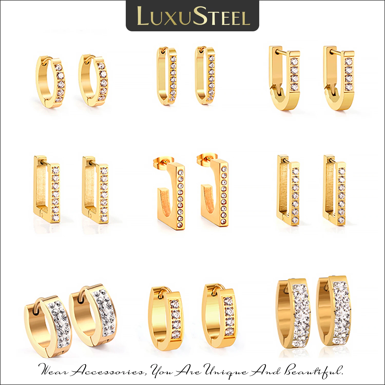 LUXUSTEEL Vintage Rhinestone Crystal Hoop Earrings for Women Gilrs Stainless Steel CZ Circle Fine Earring Making Brincos