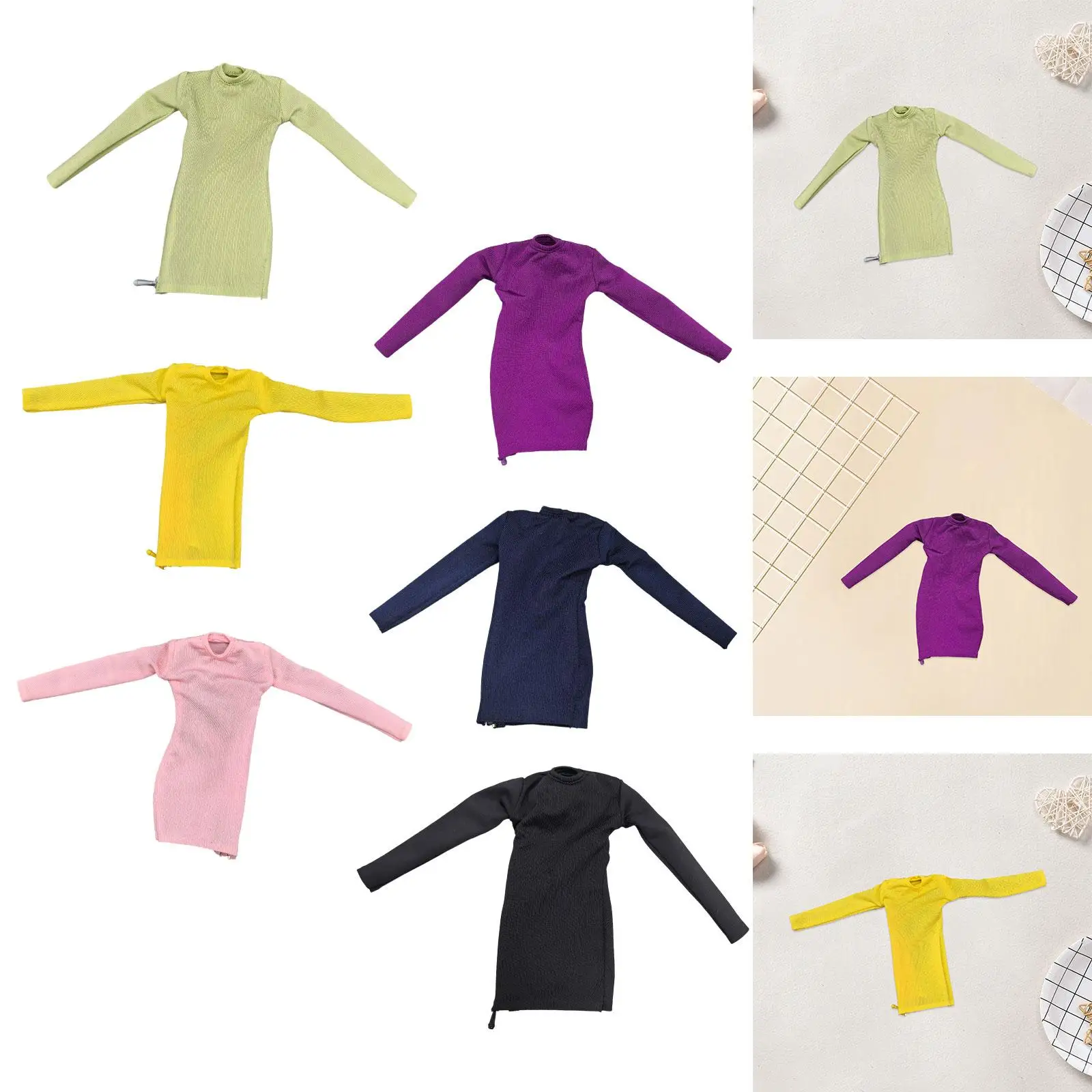 

1/6 Scale Female Clothes Long Sleeved Mini Dress Miniature Elastic Round Neck Collectible Fashion Wear Doll Clothing Tight Dress