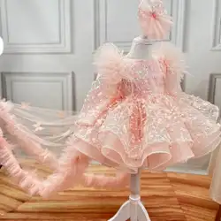 Light luxury girl custom dresses pink trailer birthday party evening dress sloppy butterfly girl Christmas dress high -end dress