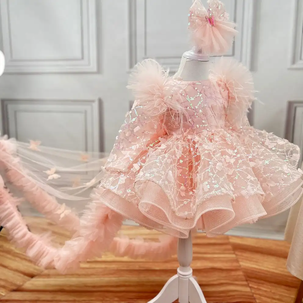 Light luxury girl custom dresses pink trailer birthday party evening dress sloppy butterfly girl Christmas dress high -end dress