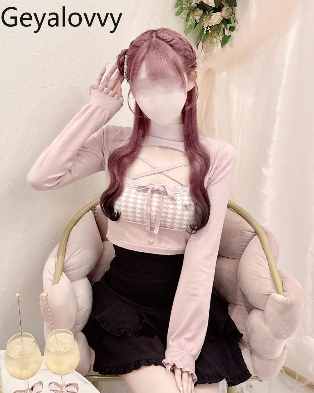 

Sweet Girl Versatile Japanese Style Autumn Winter New Houndstooth Pullover Hollow Out Lace-up Knitted Sweater for Women