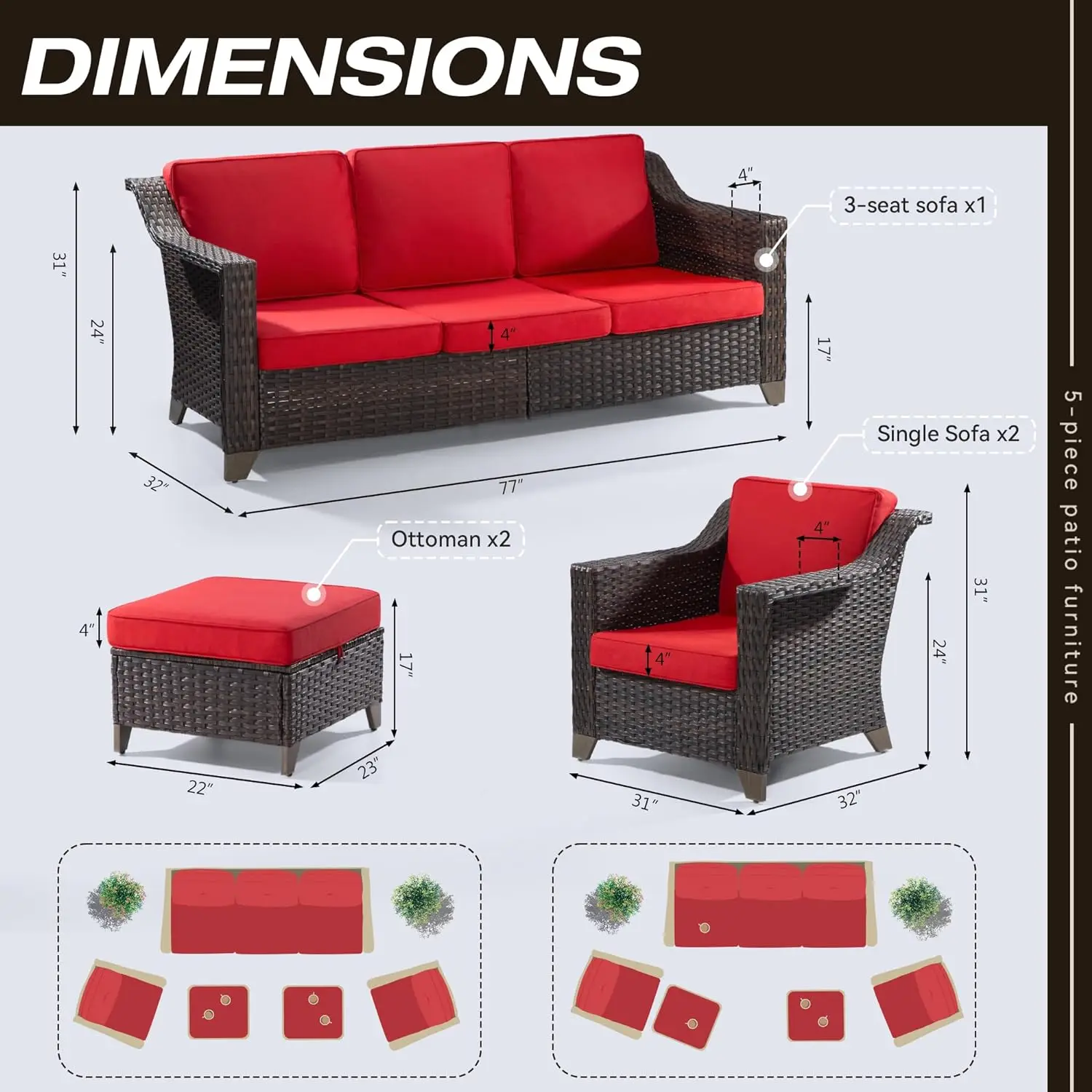 Patio Furniture Set All Weather Outdoor Furniture 5 Pieces with High Back Wicker Rattan Sofa Couch, Two Armchairs & Two Ottomans