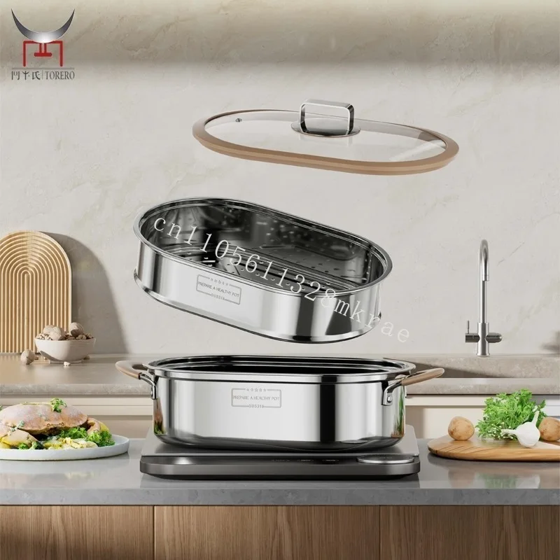 

New 304 Stainless Steel Chimney and Steamer Set Household Oval Steamer Glass Cover Double Cooker Double Pot Soup