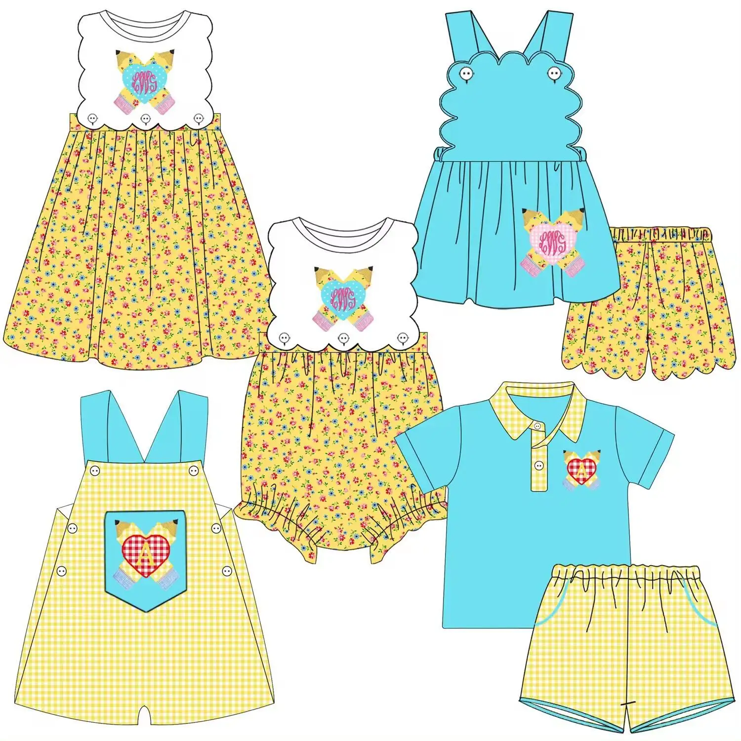 

Children's Back to School Clothing Yellow Floral Dress Blue Suit Pencil Print Element Baby Milk Silk Clothing