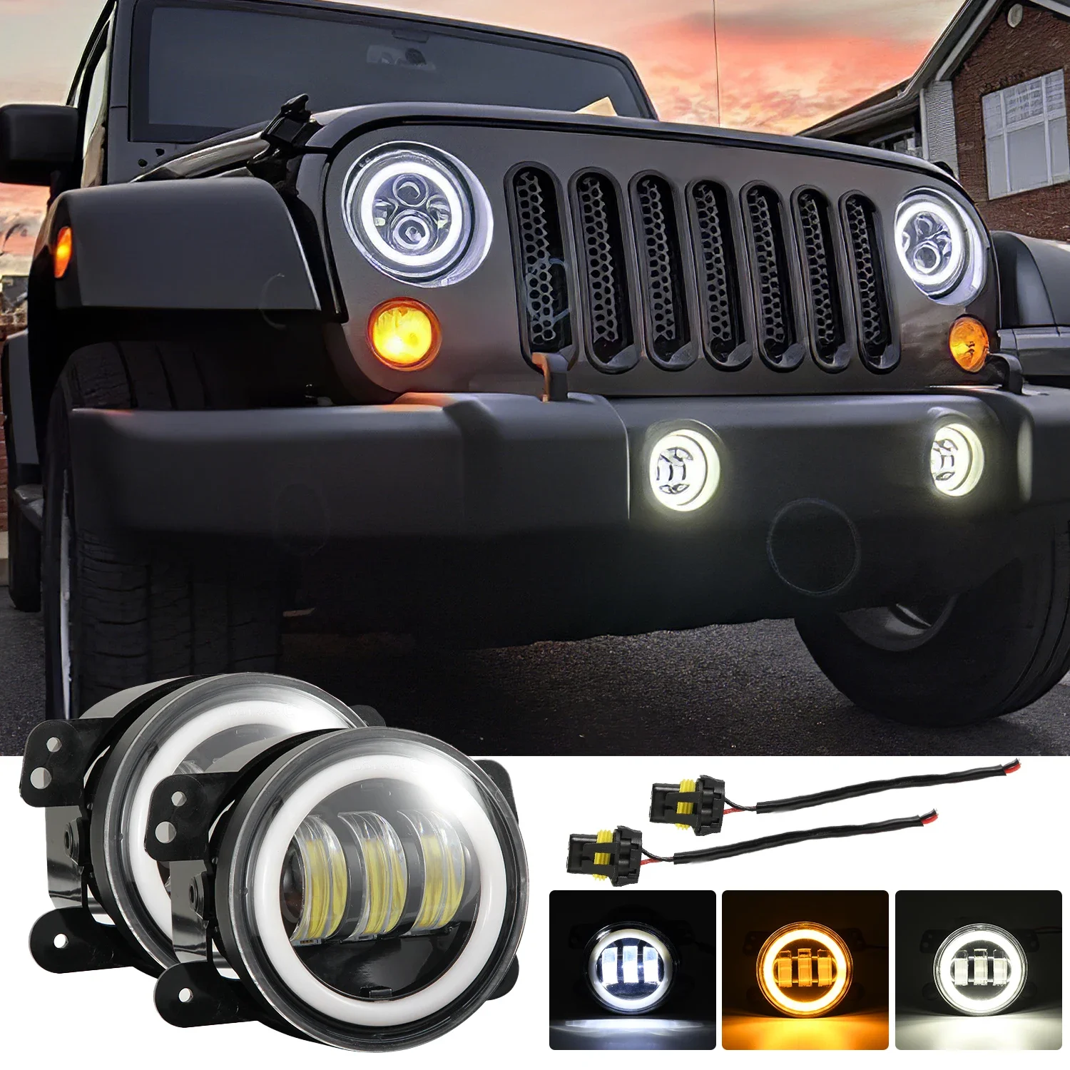 2PCS 150W 4inch LED Fog Lights White Yellow Halo Ring DRL Amber Turn Signal Lamp For Jeep Wrangler JK TJ LJ Dodge Chrysler