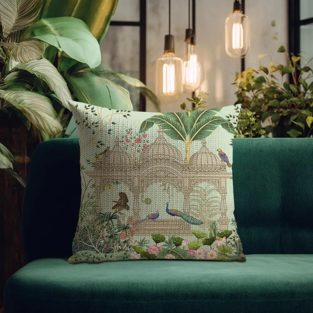 Mughal Garden with Peacock Cushion Cover Natural Linen Organic Fabric Double-Sided Printing Breathable Perfect for Home Decor