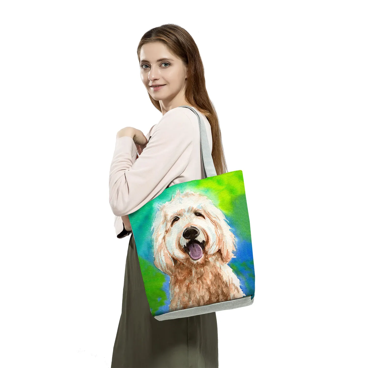 Bolso de compras plegable para mujer, bolsa de hombro de gran capacidad, con estampado de perro y Animal